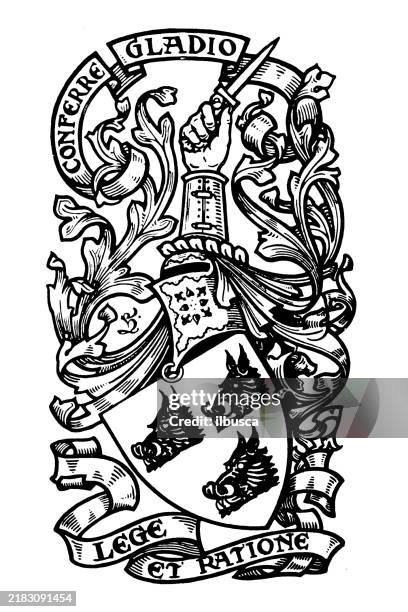 heraldry coat of arms emblem: edgard march crookshank - dagger stock illustrations