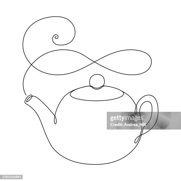 teapot with steam. single line drawing with editable stroke and color elements - teapot stock illustrations