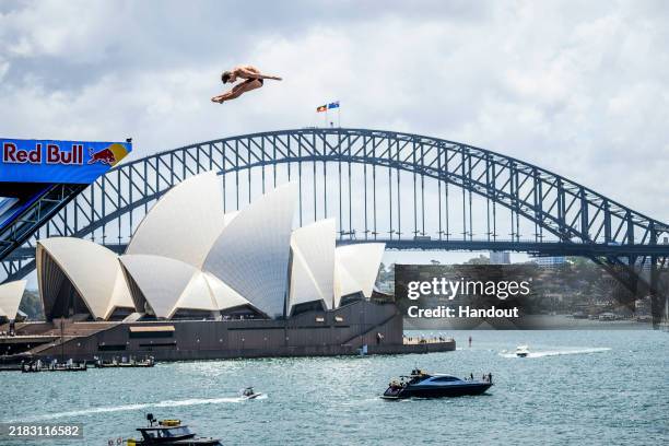 In this handout image provided by Red Bull, Andrea Barnaba of Italy dives from the 27.5 metre platform during the second competition day of the...