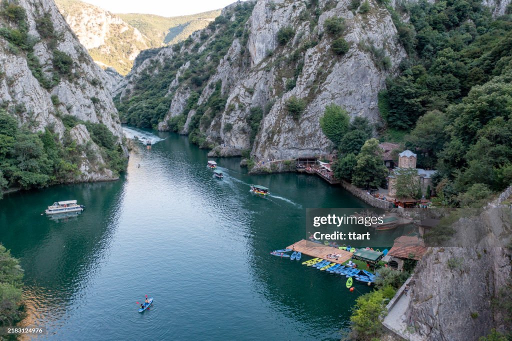 Aerial view of Matka Canyon and a lake in Skopje, North Macedonia