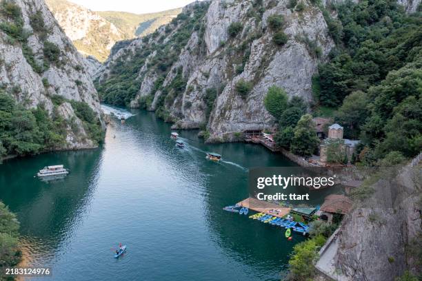 aerial view of matka canyon and a lake in skopje, north macedonia - skopje stock pictures, royalty-free photos & images