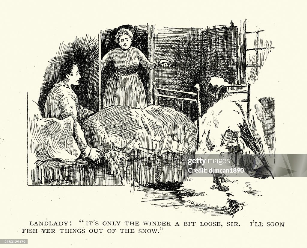 Victorian cartoon, Lodger complaining to his landlady about snow coming in through a broken window, 19th Century 1890s