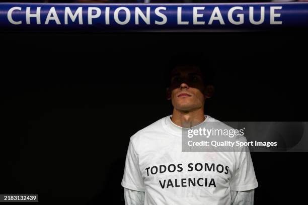 Jesus Vallejo of Real Madrid looks on during the minute of silence in honour of the victims of the Valencia flooding prior to the UEFA Champions...