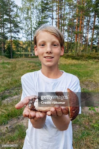 smiling boy holding a large porcini mushroom with a reddish-brown cap in an open woodland area on a sunny day - eekhoorntjesbrood stockfoto's en -beelden
