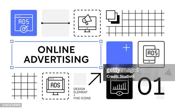 online advertising icons and data visualization - website wireframes stock illustrations