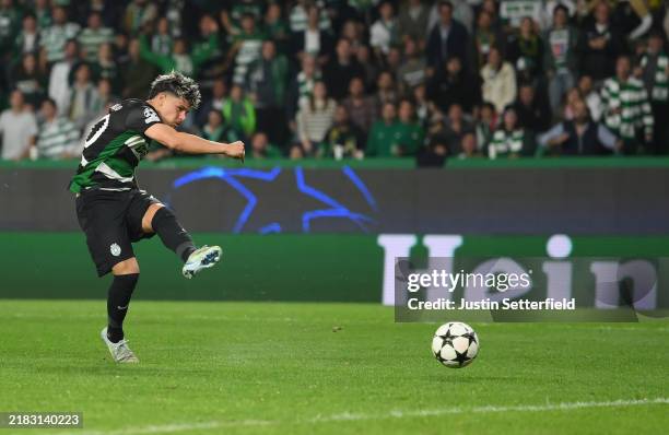 Maximiliano Araujo of Sporting CP scores his team's second goal during the UEFA Champions League 2024/25 League Phase MD4 match between Sporting...