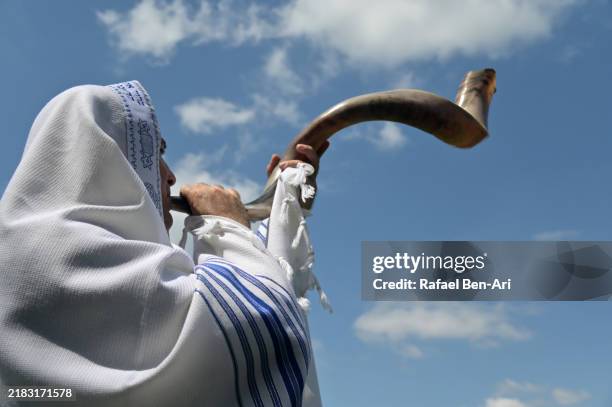 jewish man blow shofar outdoors under the great sky - shofar stock pictures, royalty-free photos & images