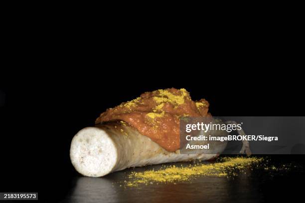 berlin curry sausage with ketchup and curry powder, studio photography with black background - currywurst stock-fotos und bilder