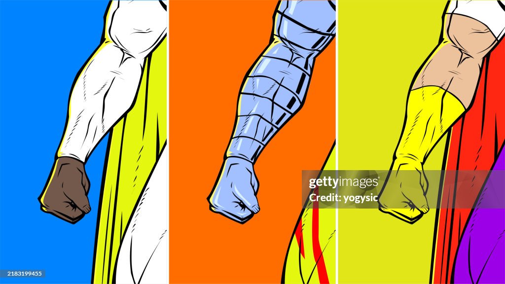 Vector Retro Pop Art Close-up Superhero Arms Collection Stock Illustration
