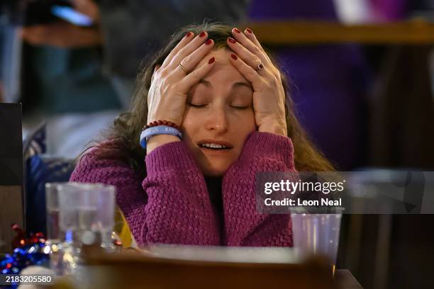Supporters of Democratic presidential nominee, U.S. Vice President Kamala Harris, react as results are displayed during a "Democrats Abroad" election...