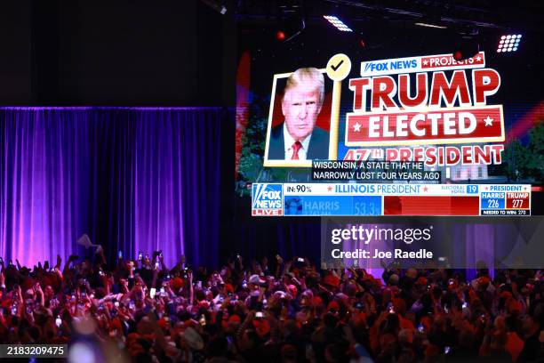 Supporters take photos as Fox News projects Republican presidential nominee, former U.S. President Donald Trump is elected president during an...