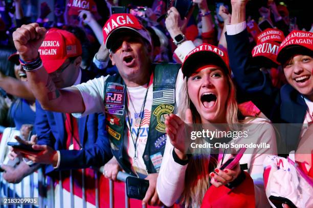 Supporters react as Fox News projects Republican presidential nominee, former U.S. President Donald Trump is elected president during an election...