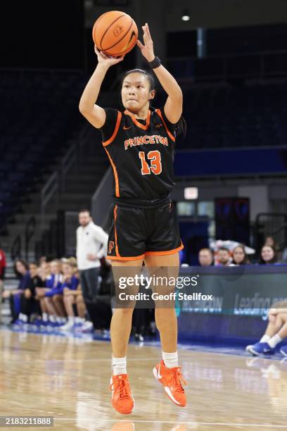 Ashley Chea of the Princeton Tigers lines up a shot during the fourth quarter against the DePaul Blue Demons at Wintrust Arena on November 9, 2024 in...