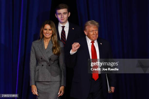 Republican presidential nominee, former U.S. President Donald Trump arrives to speak with former first lady Melania Trump and Barron Trump during an...
