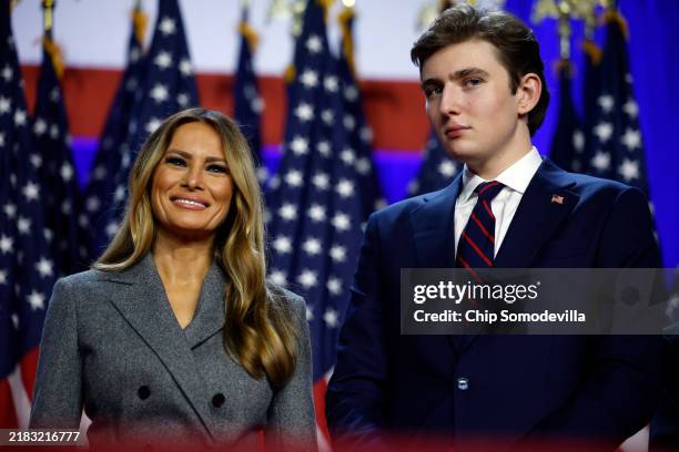 Former first lady Melania Trump and Barron Trump look on as Republican presidential nominee, former U.S. President Donald Trump speaks during an...