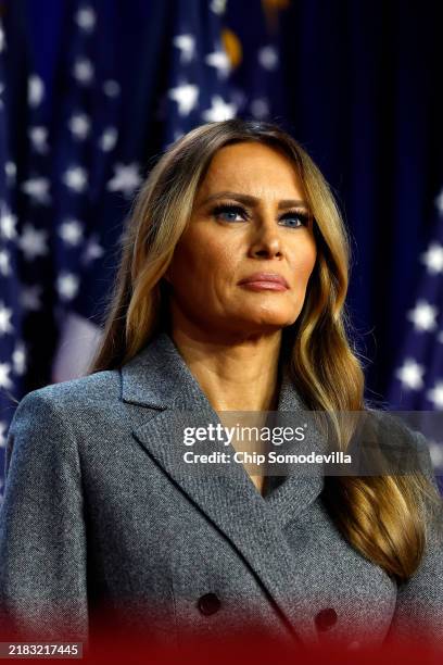 Former first lady Melania Trump looks on during an election night event for Republican presidential nominee, former U.S. President Donald Trump at...