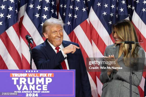 Republican presidential nominee, former U.S. President Donald Trump speaks during an election night event at the Palm Beach Convention Center on...