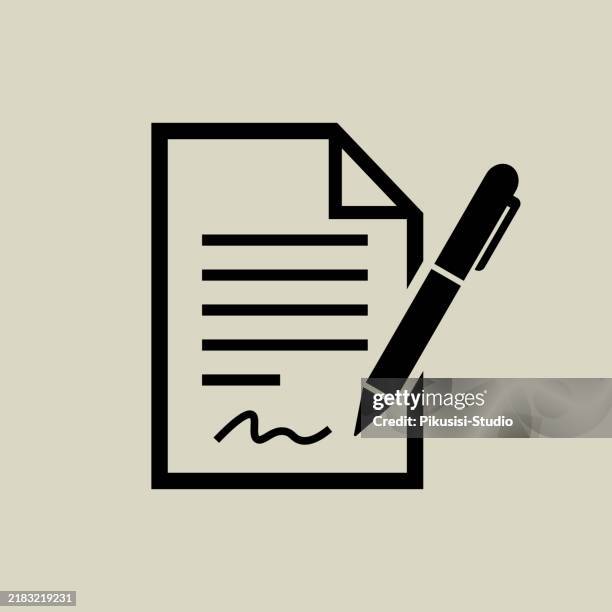 ilustraciones, imágenes clip art, dibujos animados e iconos de stock de icono de contrato. firmar un documento con bolígrafo. - firmar