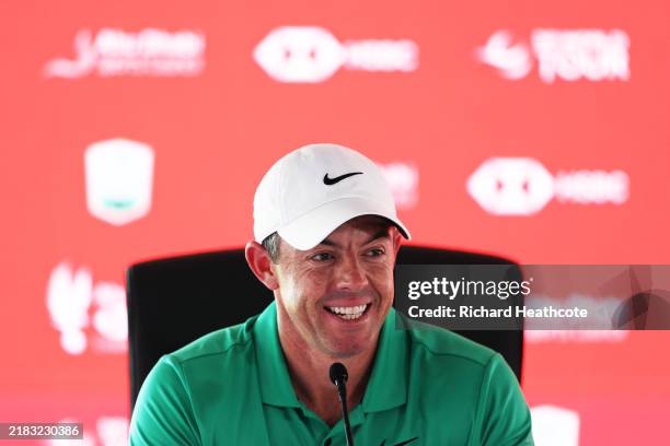 Rory McIlroy of Northern Ireland speaks in a press conference following the Pro-Am prior to the Abu Dhabi HSBC Championship 2024 at Yas Links Golf...
