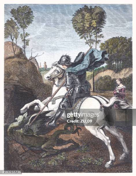 saint george, painted by raphael, hand-colored wood engraving, published 1895 - national gallery of art dc stock illustrations