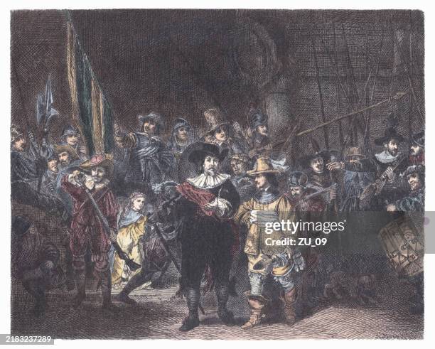 ilustraciones, imágenes clip art, dibujos animados e iconos de stock de ronda de noche, pintada por rembrandt, grabado en madera coloreado a mano, publicado en 1878 - rembrandt