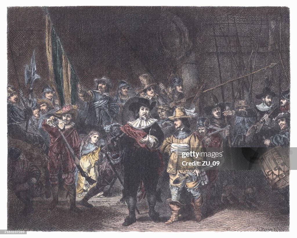 Night Watch, painted by Rembrandt, hand-colored wood engraving, published 1878