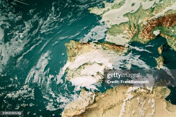 españa inundaciones flash 2024 mapa de nubes península ibérica 3d render color - meteorología fotografías e imágenes de stock