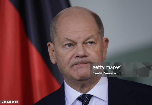 German Chancellor Olaf Scholz gives a statement to the media following the win of Donald Trump in U.S. Presidential elections on November 06, 2024 in...