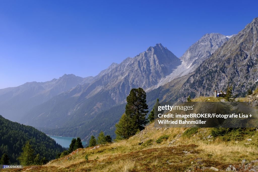 At the Staller Sattel, with Lake Antholz, behind Hochgall, between the Antholz Valley, South Tyrol Italy and the Defereggen Valley, East Tyrol, Austria, Europe