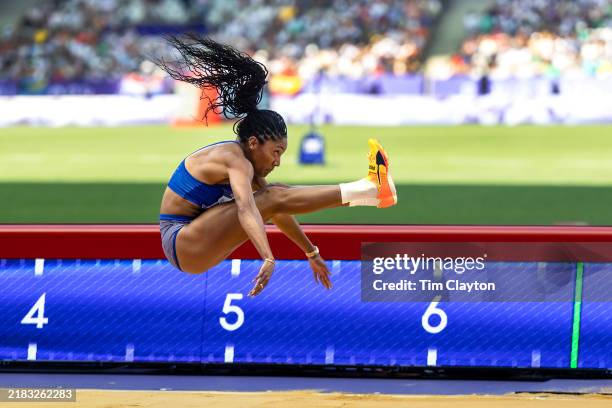 Tara Davis-Woodhall of the United States in action during Women's Long Jump qualification during the Athletics Competition at the Stade de France...