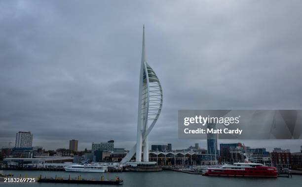 Buildings including the Spinnaker Tower overlook the sea on October 28, 2024 in Portsmouth, England.