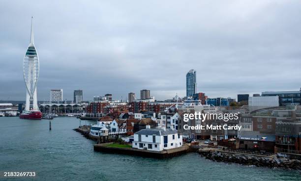 Buildings including the Spinnaker Tower overlook the sea on October 28, 2024 in Portsmouth, England.