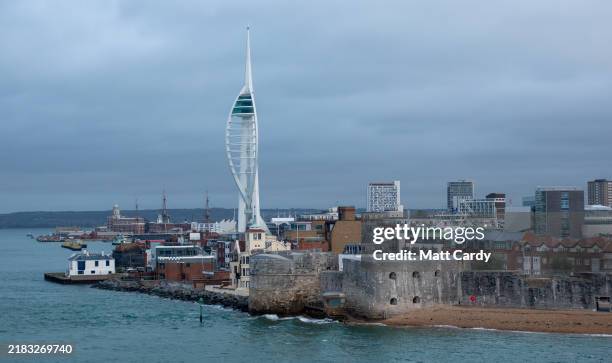 Buildings including the Spinnaker Tower overlook the sea on October 28, 2024 in Portsmouth, England.