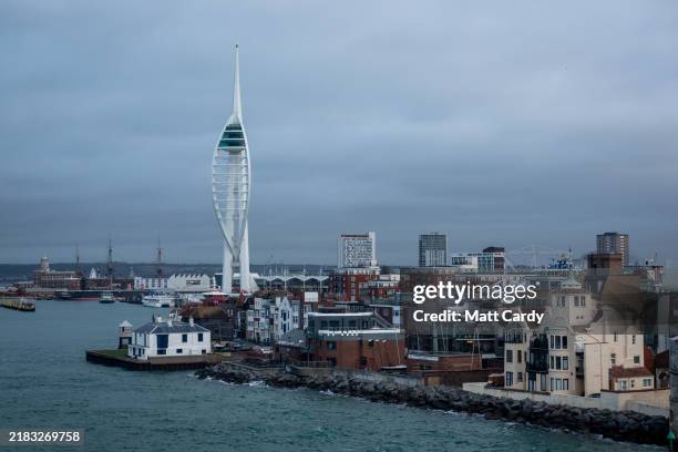 Buildings including the Spinnaker Tower overlook the sea on October 28, 2024 in Portsmouth, England.