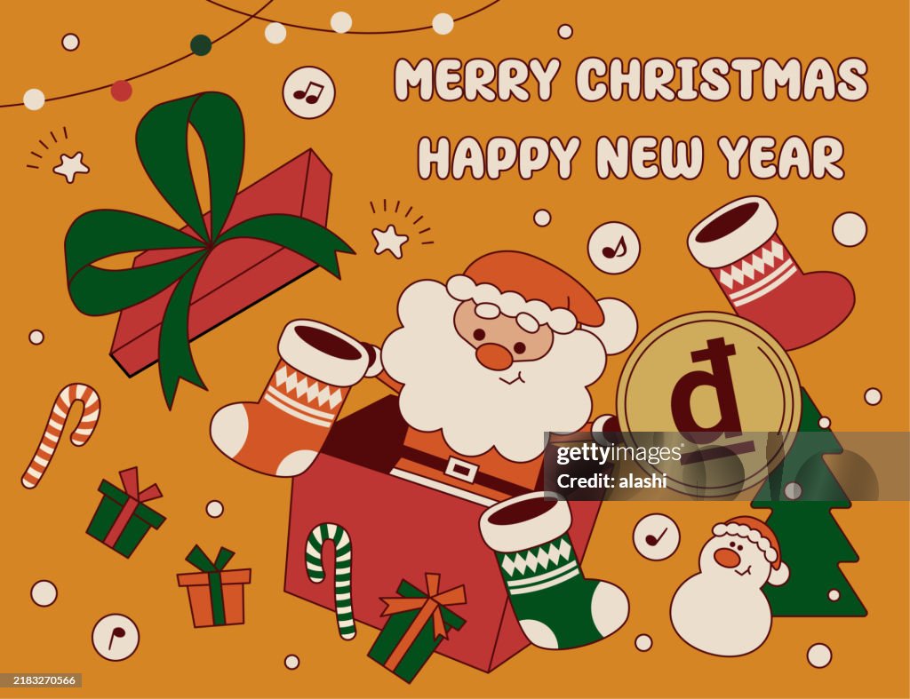 A Cute Santa Claus popping out of a gift box gives Christmas presents and money and wishes you a Merry Christmas and a Happy New Year. The background has Christmas stockings and a snowman