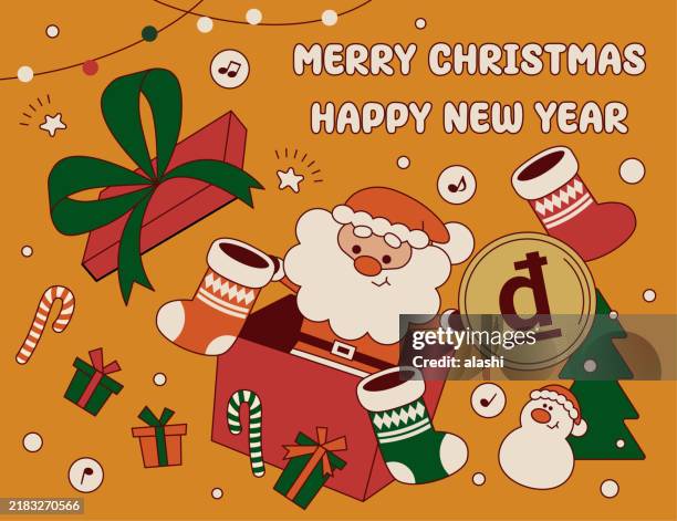 a cute santa claus popping out of a gift box gives christmas presents and money and wishes you a merry christmas and a happy new year. the background has christmas stockings and a snowman - vietnam market stock illustrations