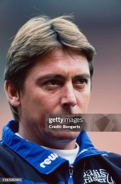 Bernd Krauss, team manager for the Borussia Mönchengladbach football club looks on from the sideline during the Bundesliga match against Borussia...