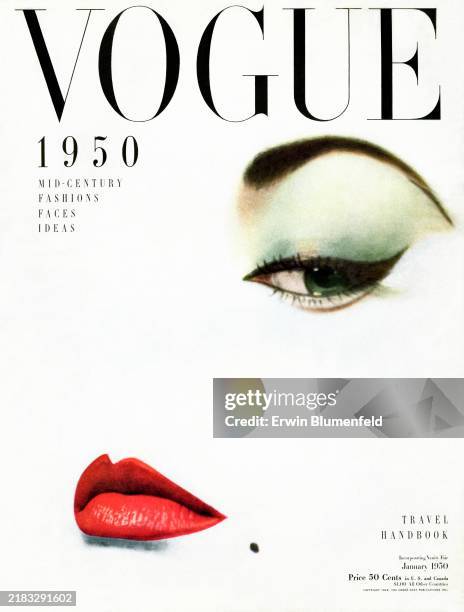 Vogue January 1950 Magazine Cover featuring: An abstract close-up of model Jean Patchett's eye with heavy eyeliner makeup, red lips and a beauty mark.