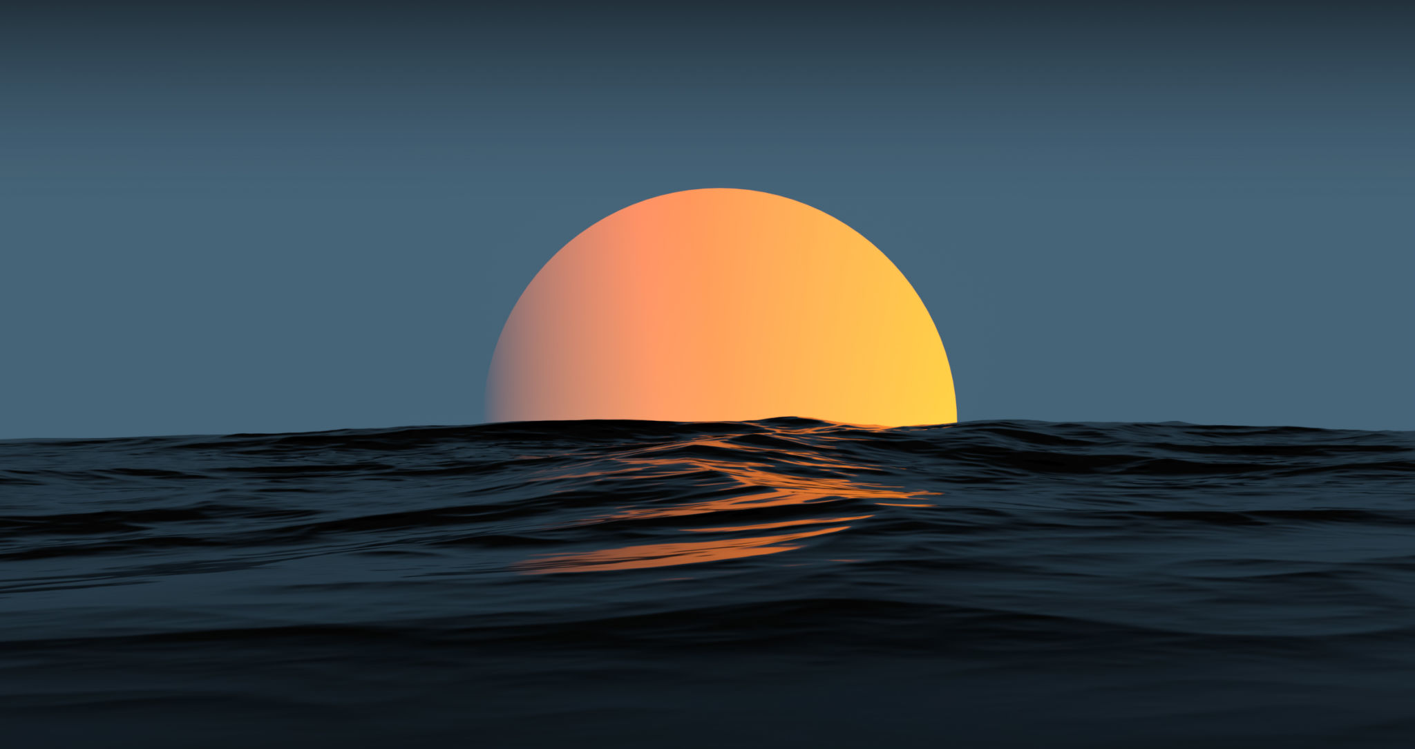 Orange planet in the twilight of the sea,ocean. Fantastic sunset on the horizon of night waves,wallpaper.3D render Orange planet in the twilight of the sea,ocean. Fantastic sunset on the horizon of night waves,wallpaper.3D render