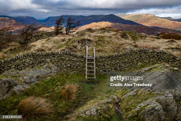 wooden stile on black crag - stye stock pictures, royalty-free photos & images
