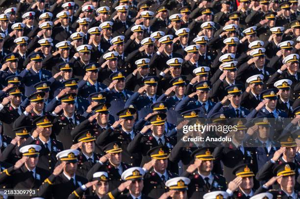 Turkish soldiers stand during the state ceremony at Anitkabir, the mausoleum of Turkish Republic's Founder Mustafa Kemal Ataturk, on the 86th...