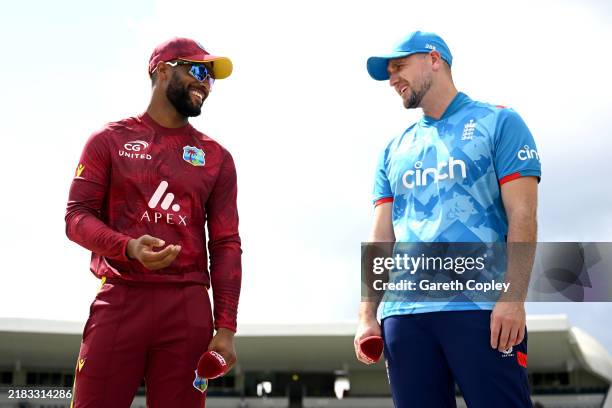 West Indies captain Shai Hope speaks with England captain Liam Livingstone ahead of the 3rd One Day International between the West Indies and England...