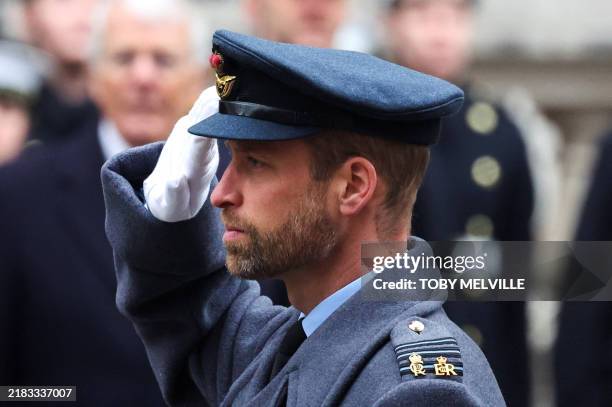 Britain's Prince William, Prince of Wales, attends the Remembrance Sunday ceremony at the Cenotaph on Whitehall in central London on November 10,...