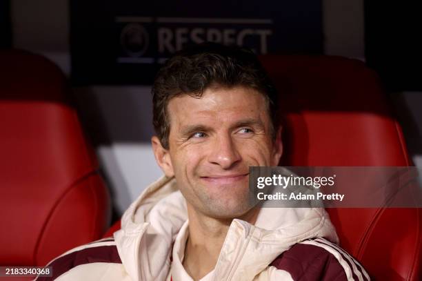 Thomas Mueller of Bayern Munich looks on from the bench during the UEFA Champions League 2024/25 League Phase MD4 match between FC Bayern München and...