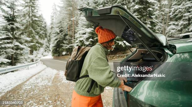 fare le valigie per un viaggio invernale - bagagliaio foto e immagini stock