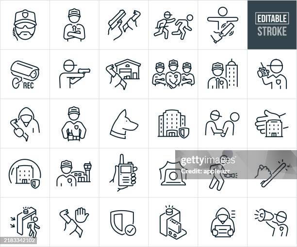 security guard thin line icons - editable stroke - man shift worker stock illustrations
