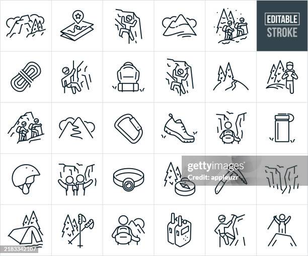 ilustraciones, imágenes clip art, dibujos animados e iconos de stock de montañismo y montañismo iconos de líneas finas - trazo editable - montañismo