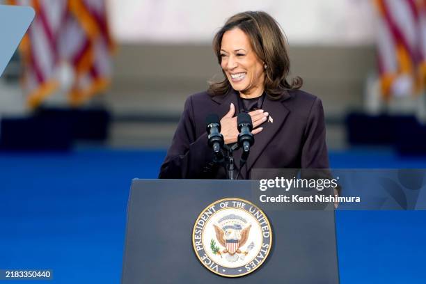 Democratic presidential nominee, U.S. Vice President Kamala Harris arrives to speak on stage as she concedes the election, at Howard University on...