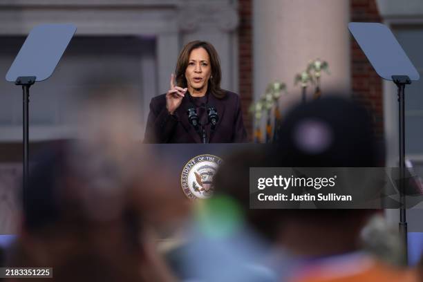 Democratic presidential nominee, U.S. Vice President Kamala Harris speaks on stage as she concedes the election, at Howard University on November 06,...