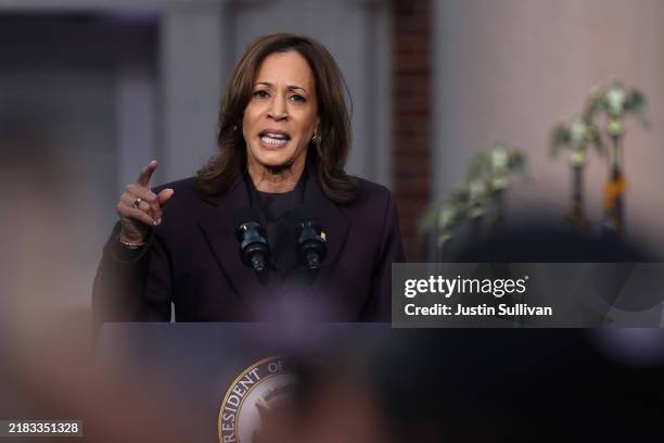 Democratic presidential nominee, U.S. Vice President Kamala Harris speaks on stage as she concedes the election, at Howard University on November 06,...